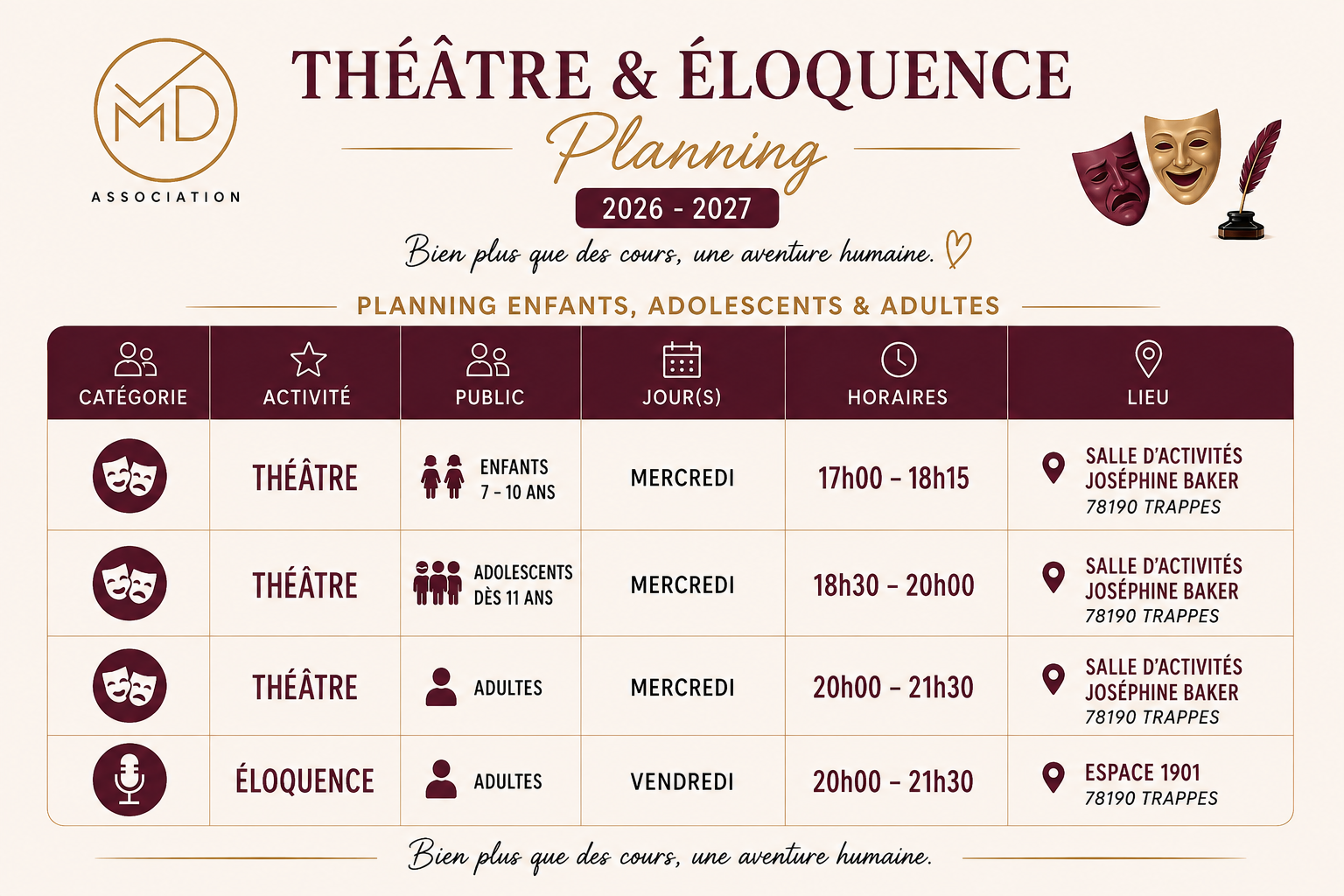 Planning Théâtre et Éloquence 2026-2027